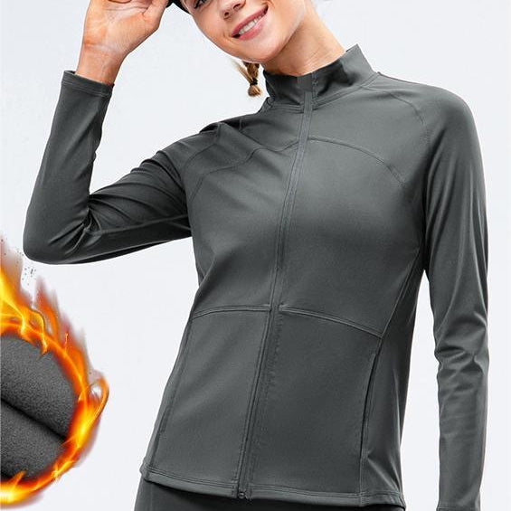 Autumn Winter Fleece Lined Nylon Yoga Clothes Fitness Jacket Women Zipper Stretch Running Sport Long Sleeve
