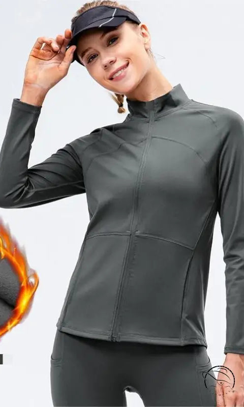 Autumn Winter Fleece Lined Nylon Yoga Clothes Fitness Jacket Women Zipper Stretch Running Sport Long Sleeve