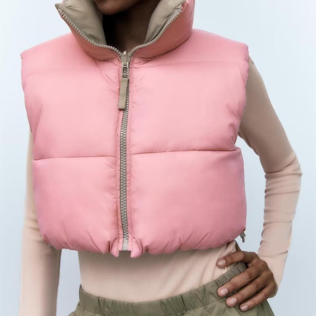 Pink cropped puffer vest from Street Double Sided Cotton Padded collection