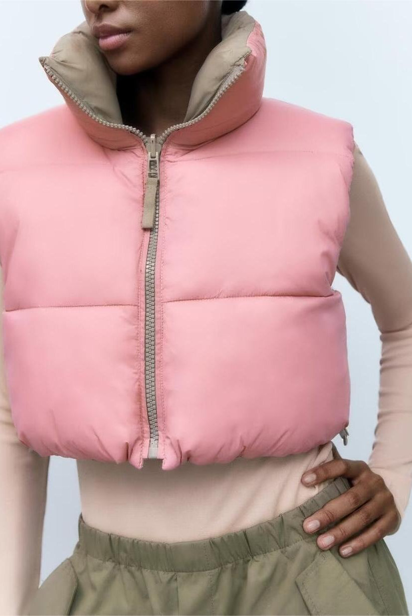 Pink cropped puffer vest from Street Double Sided Cotton Padded collection