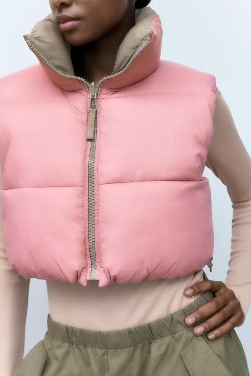 Pink cropped puffer vest from Street Double Sided Cotton Padded collection