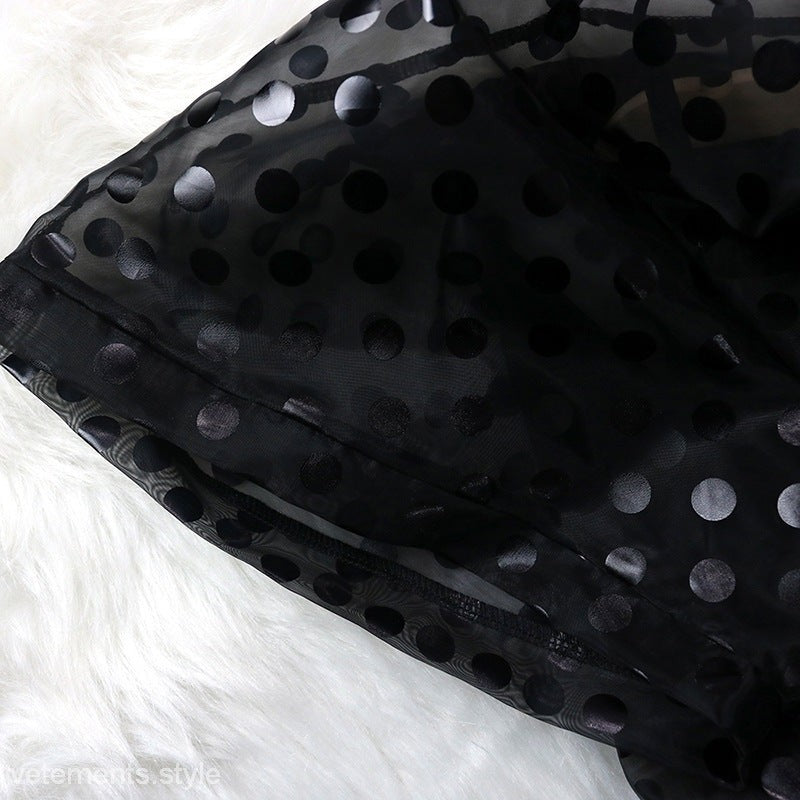 Black polka dot sheer fabric for SEE THROUGH ORGANZA DRESS, ideal for sexy organza blouses