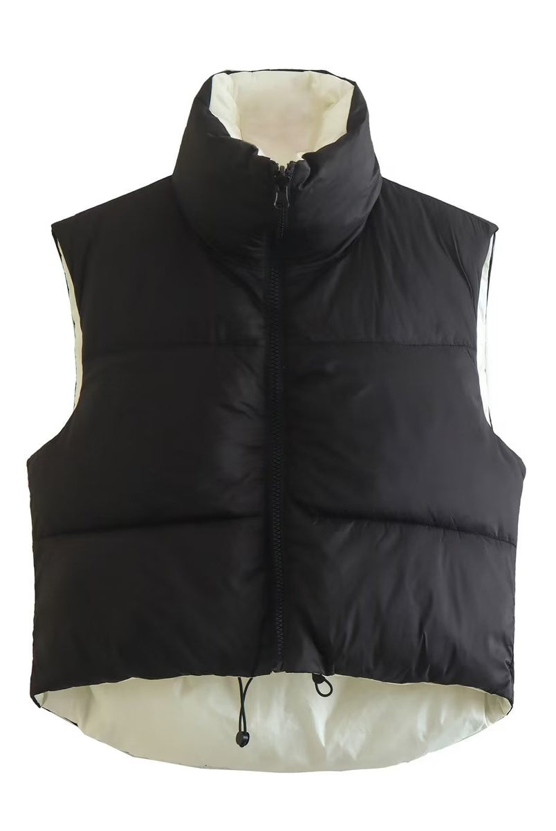 Black street double sided cotton padded vest with high collar for stylish warmth