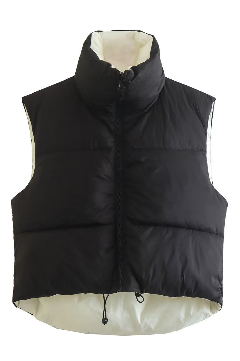 Black street double sided cotton padded vest with high collar for stylish warmth