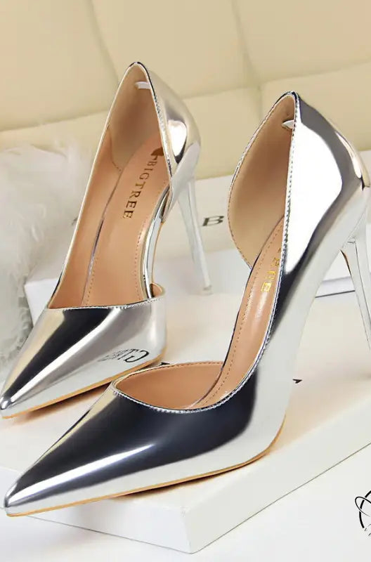 Silver simple stiletto heel metal pumps with pointed toes