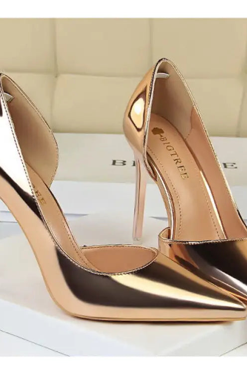 Rose gold pointed-toe simple stiletto heel metal pumps
