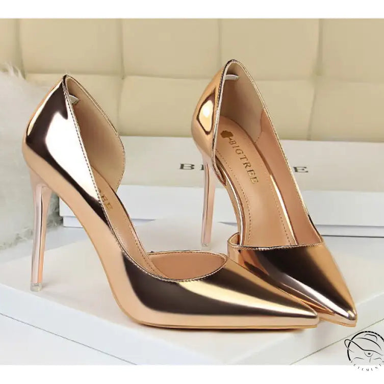 Rose gold simple stiletto heel metal pumps with pointed toes
