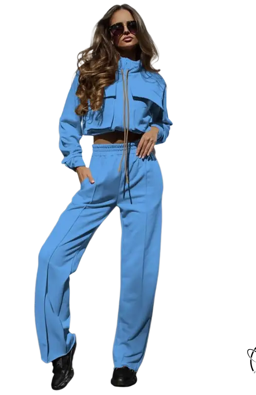 Woman in elegant Vetements suit with long sleeve blue tracksuit
