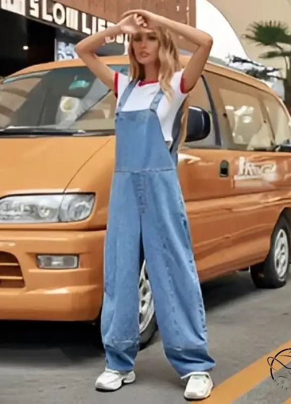 Casual denim jumpsuit with wide-leg overalls