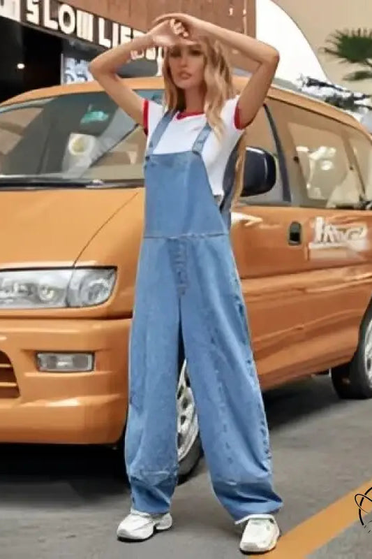 Casual denim jumpsuit with wide-leg overalls