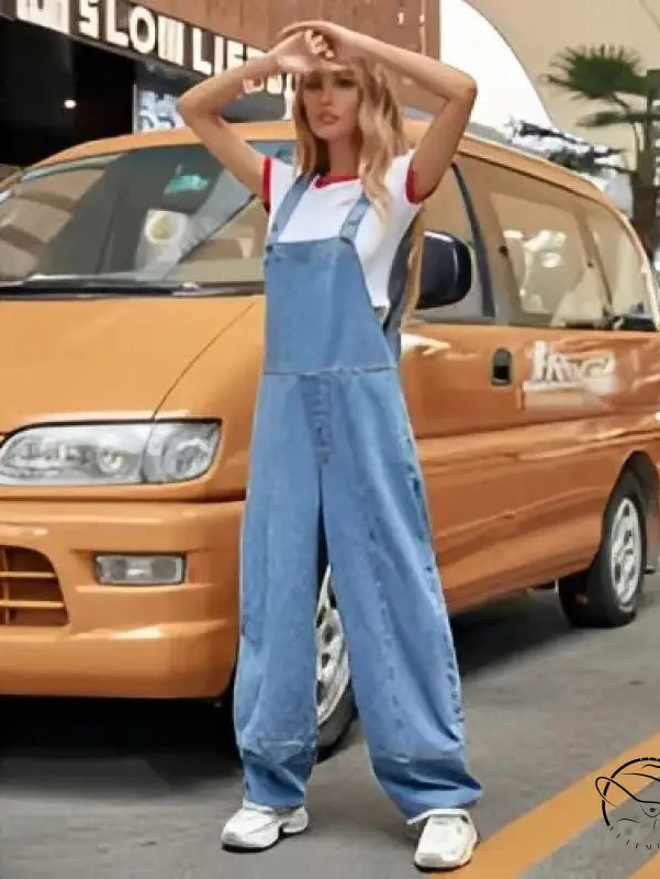 Casual denim jumpsuit with wide-leg overalls