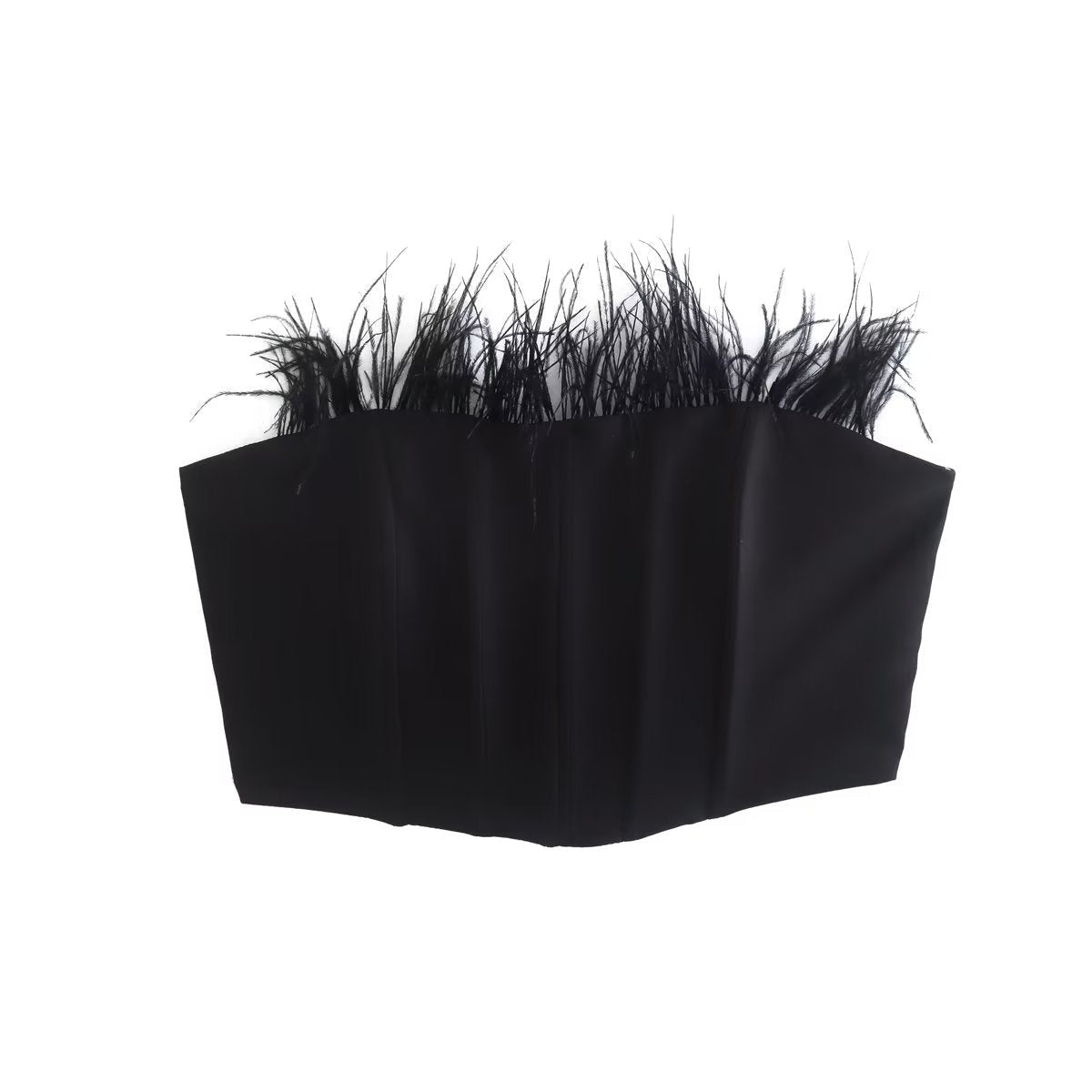 Black feather-trimmed top from the FRENCH FEATHER CORSET, a sexy feather corset design