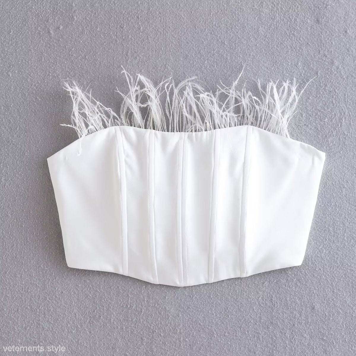 White Feather Corset Top with Trim - French Sexy Feather Design for Elegant Style