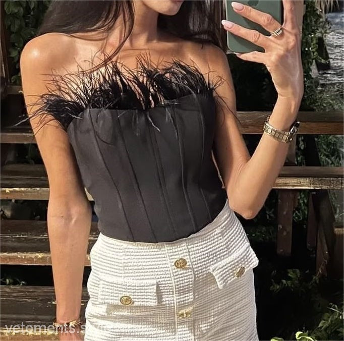 Black feather-trimmed corset top from the FRENCH FEATHER CORSET collection, embodying sexy feather elegance