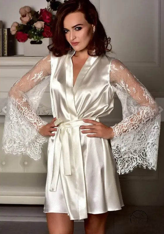 Beautiful long sleeve imitation ice silk robe with lace sleeves