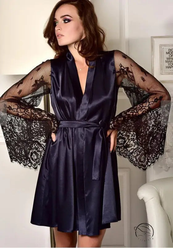 Beautiful long sleeve imitation ice silk robe with navy satin and lace sleeves