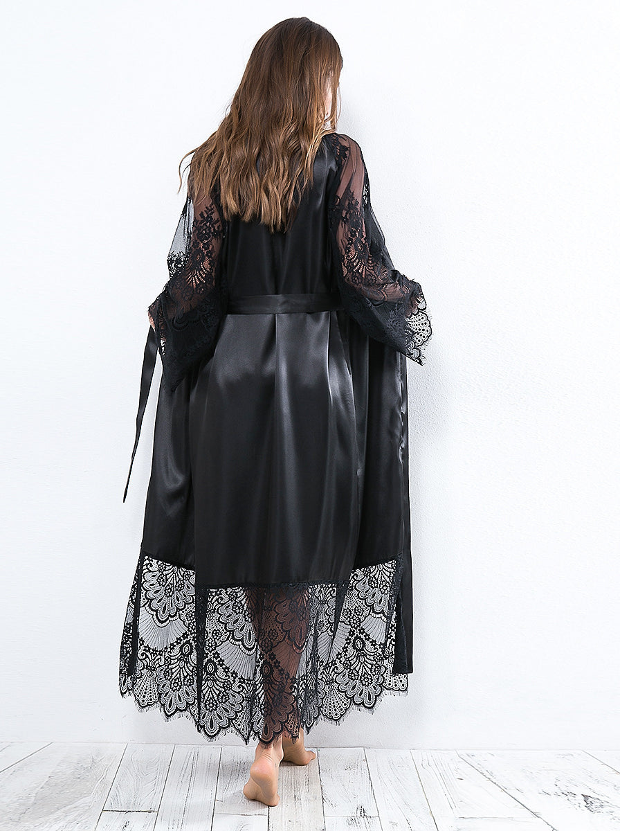 Black satin long sleeve nightgown with hollow out lace detailing