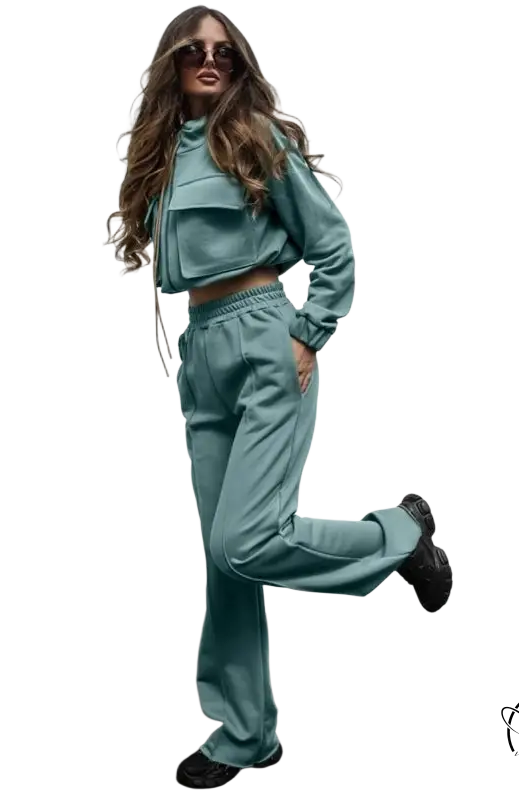 Elegant Vetements suit: teal tracksuit with cropped long sleeve hoodie