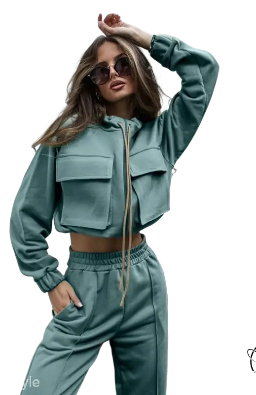 Teal two-piece elegant vetements suit with long sleeve top and casual trousers