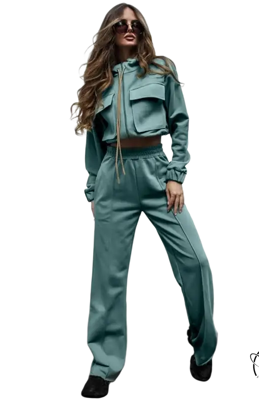 Elegant Vetements suit: teal tracksuit with cropped jacket and long sleeve