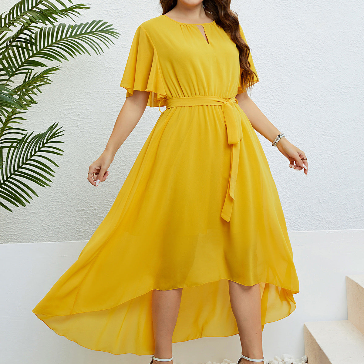Mustard yellow high-low dress with elegant lace detail, available with free shipping