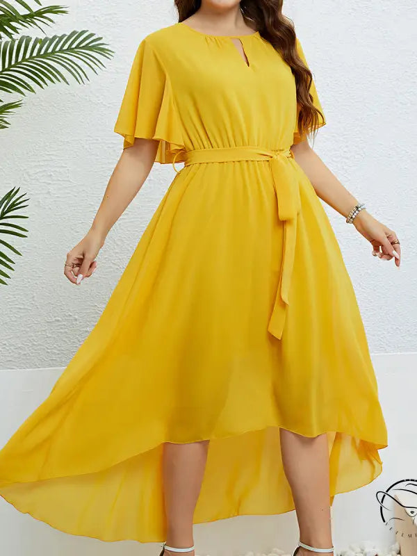 Elegant lace up mustard yellow high-low dress with free shipping
