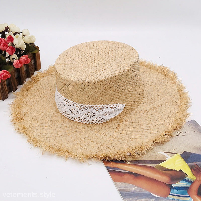 Cute sun hat: natural tan wide-brim straw with white lace trim