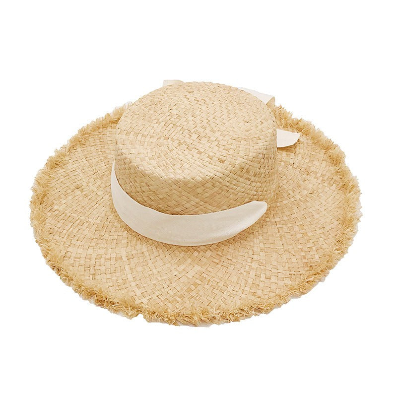 Cute Sun Hat: Straw Boater with Pure White Hatband and Frayed Tan Edge