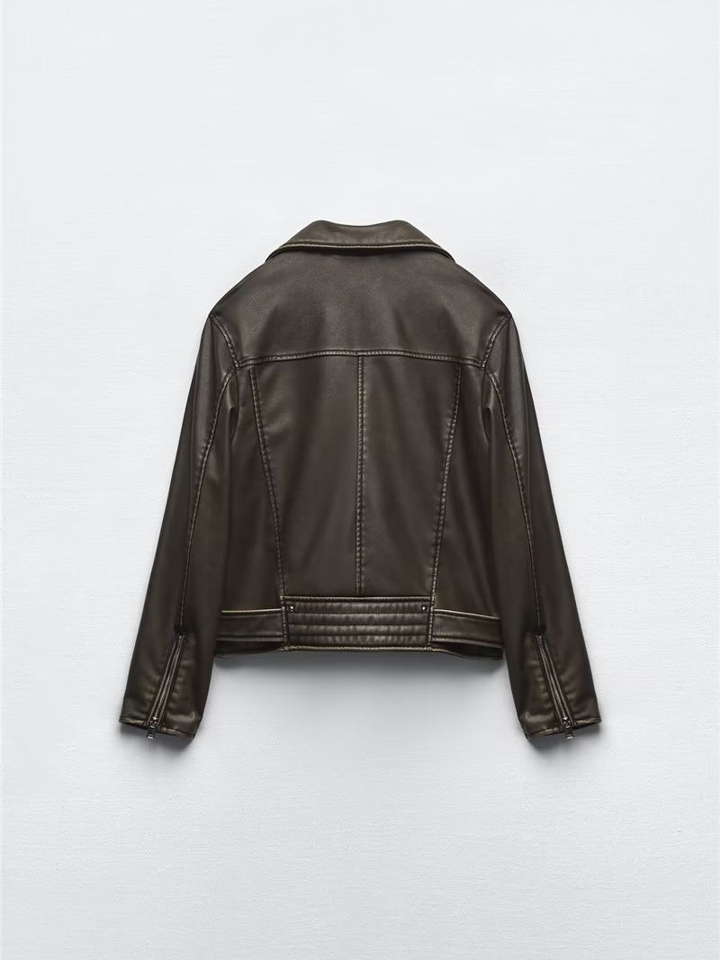 Beautiful warm olive green Langry leather jacket with black stitching