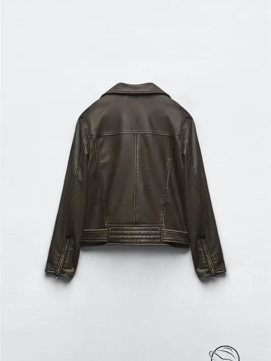 Beautiful warm olive green leather jacket with black stitching and buttons