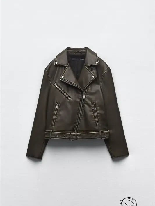 Olive green faux leather jacket with silver hardware