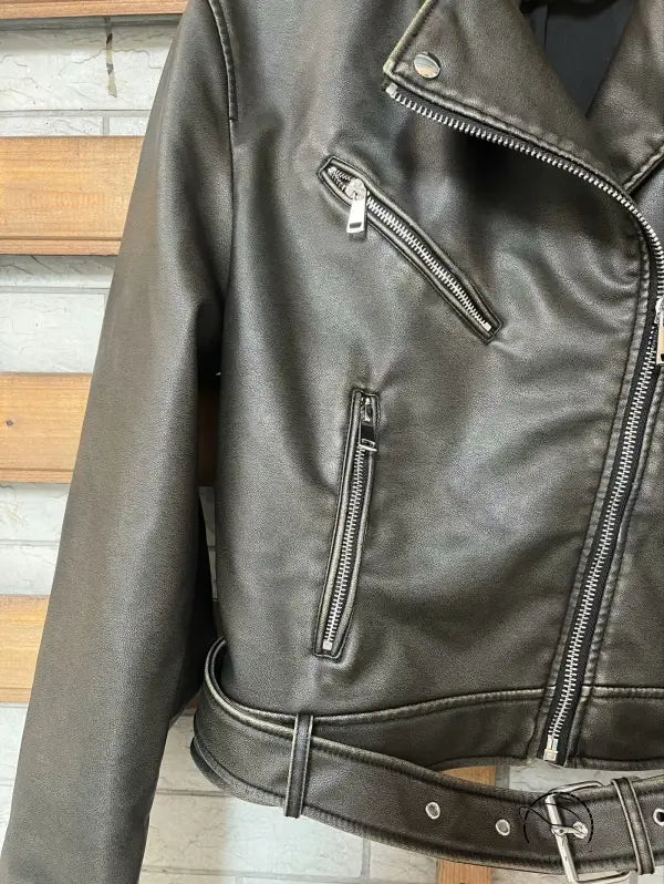 Beautiful warm black leather jacket with silver hardware and belt
