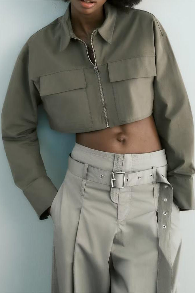 Langry fashion khaki utility jacket with zipper pockets and high-waisted pants