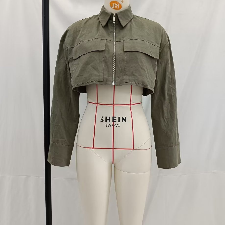 Olive green Shein langry fashion cropped jacket with zipper