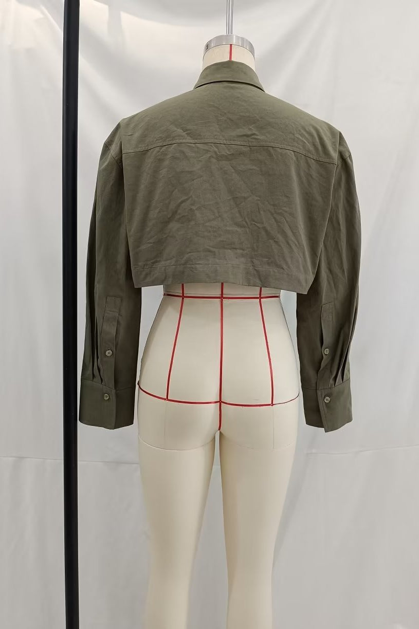 Langry olive green cropped jacket with red stitching and button details in loose windbreaker fabric short shirt, fashion ملابس