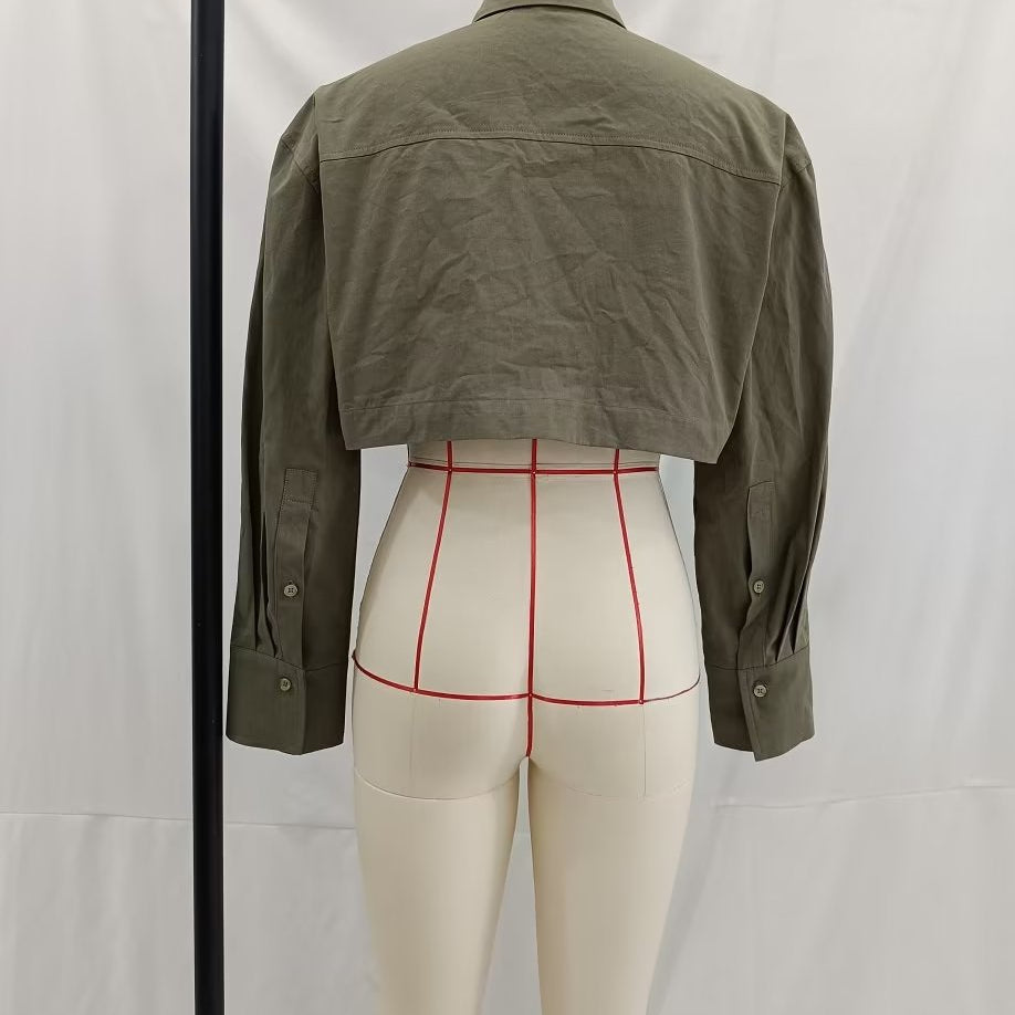 Langry olive green cropped jacket with red stitching and button details in loose windbreaker fabric short shirt, fashion ملابس