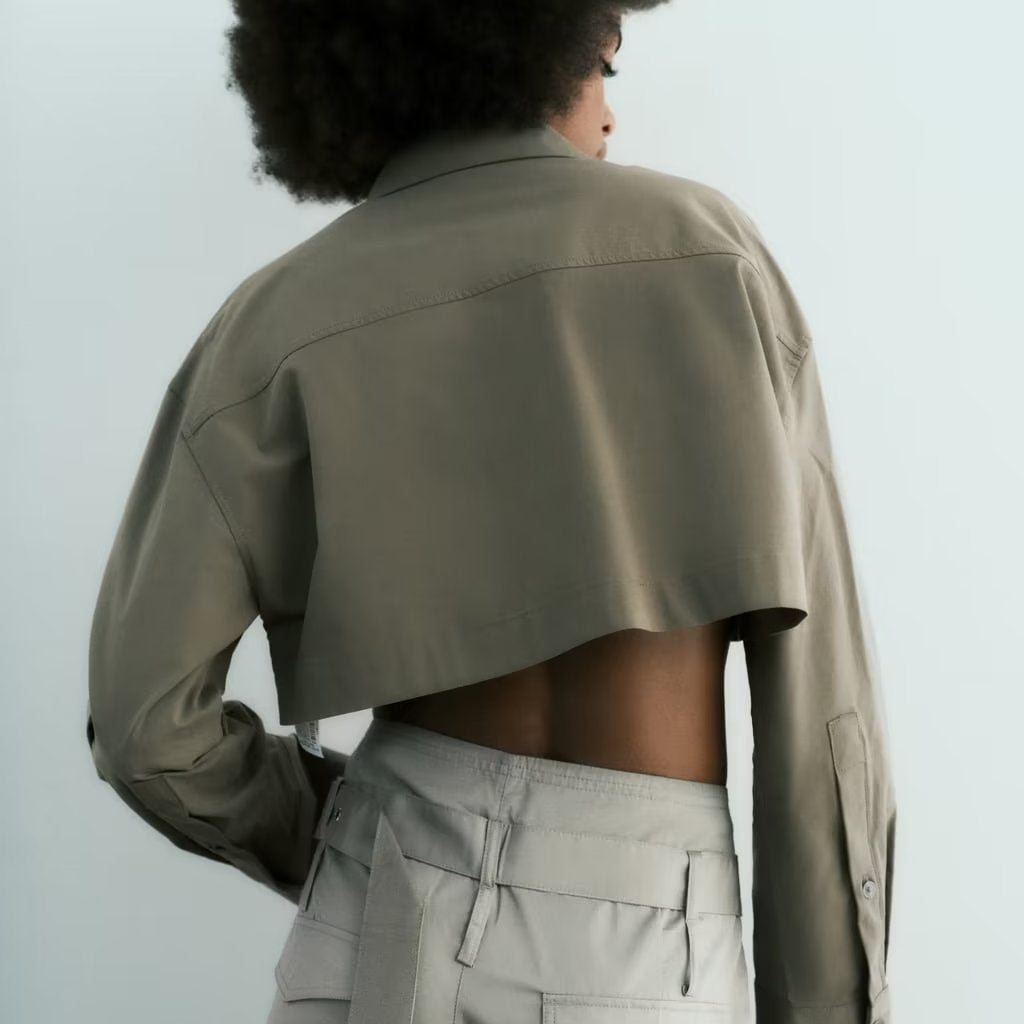 Olive green langry fashion cropped utility jacket with pockets