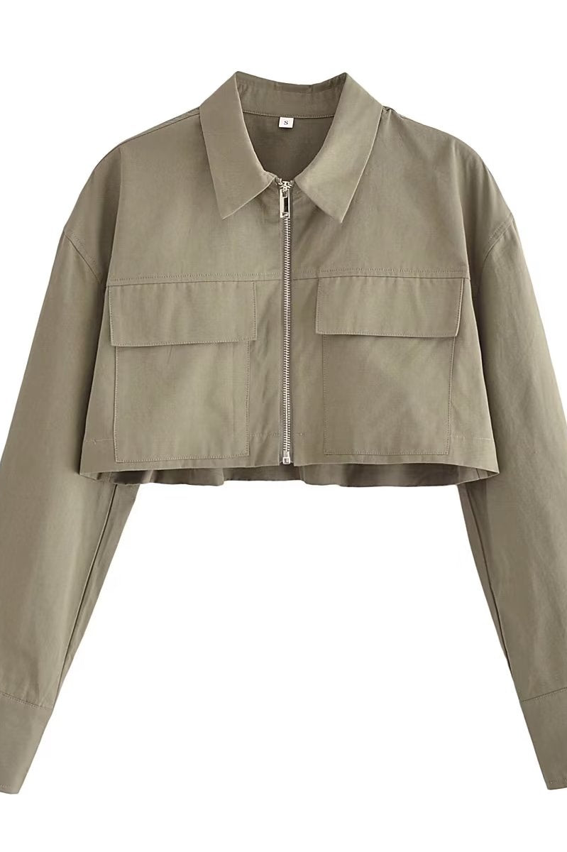 Langry fashion khaki cropped windbreaker jacket with zipper pockets