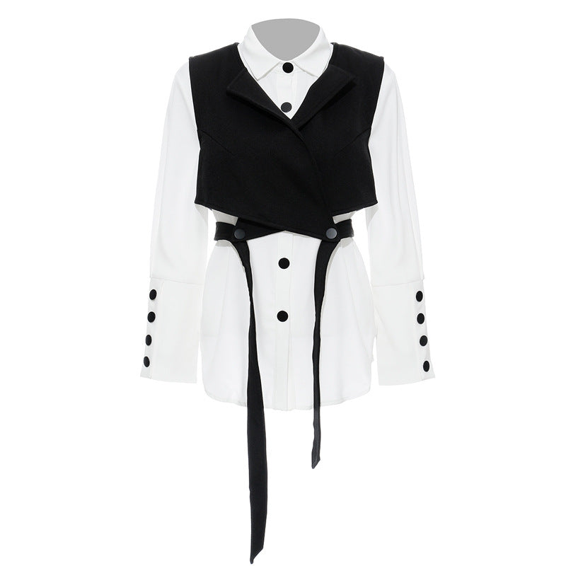Elegant lace vest two piece suit featuring a white long-sleeve shirt and black sash