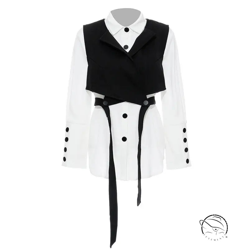Elegant lace up vest two piece suit with white shirt and black vest