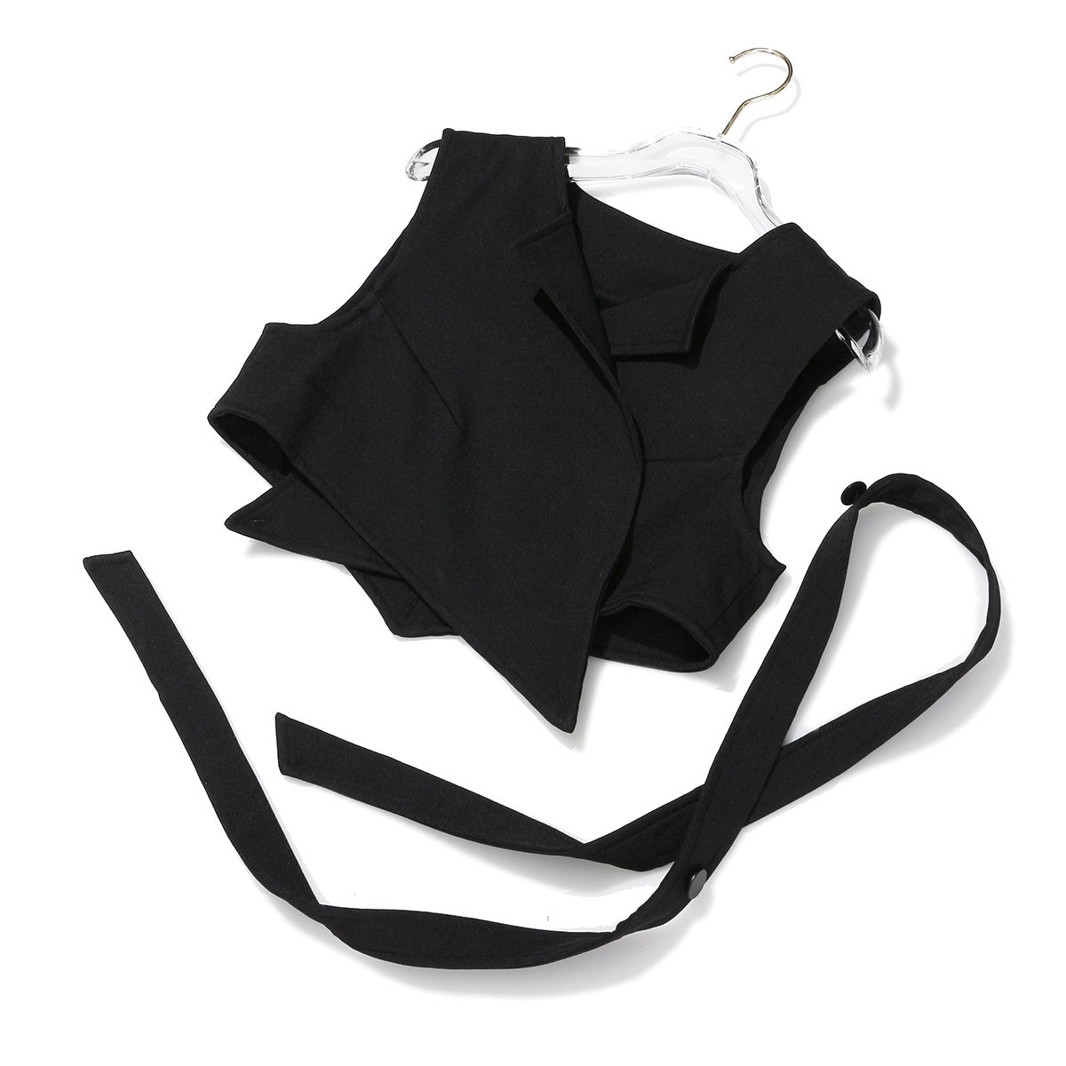 Black asymmetrical sleeveless vest two piece with elegant lace-up tie for stylish two piece suit