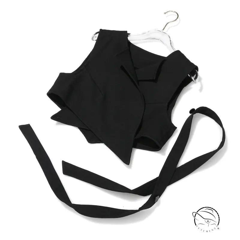 Black asymmetrical sleeveless top with elegant lace up vest two piece suit tie