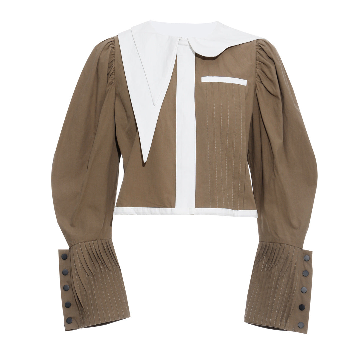 Brown blouse with white collar and cuffs from French Design Short Shirt Jacket collection, perfect for elegant fashion and ملابس