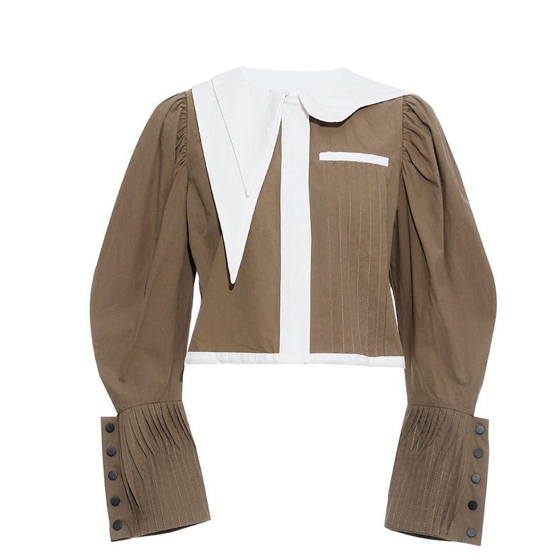 Brown blouse with white collar and cuffs from French Design Short Shirt Jacket collection, perfect for langry fashion and ملابس style