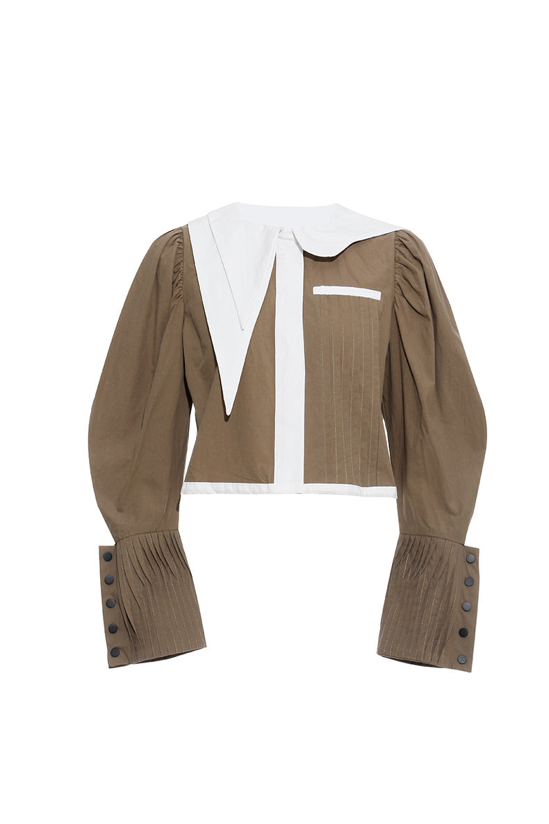 Brown blouse with white collar and cuffs from French Design Short Shirt Jacket collection, perfect for langry fashion and ملابس style