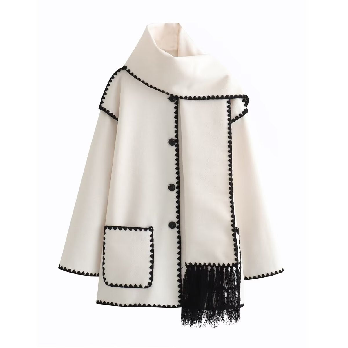 Vintage stitching coat with white woolen fabric, black trim, and fringe craftsmanship