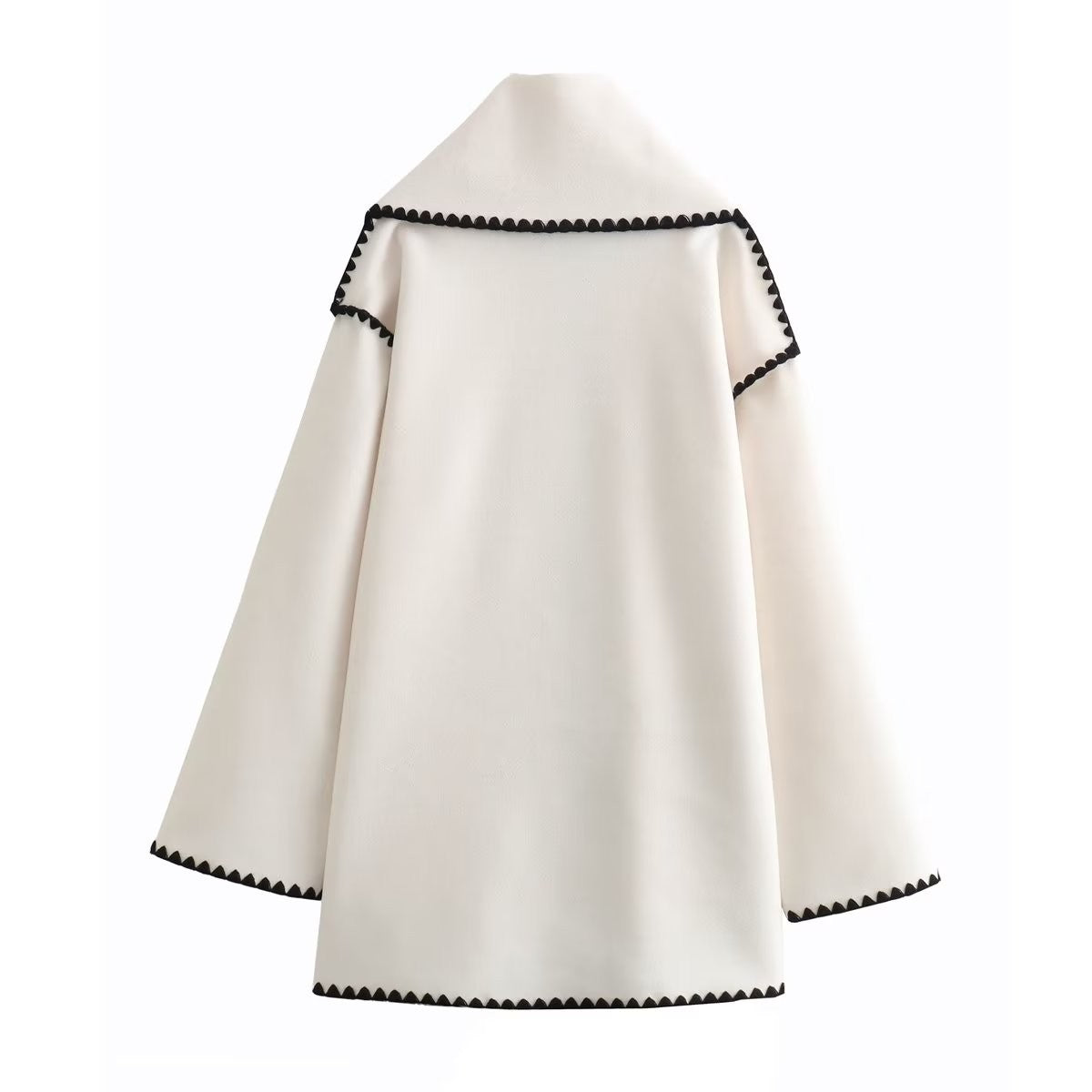 White coat with black trim from VINTAGE STITCHING COAT collection, vintage stitching woolen style