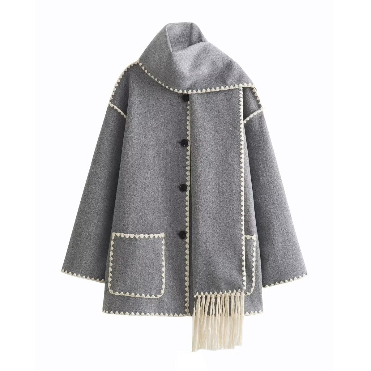 Gray vintage stitching woolen coat with white trim and attached scarf in VINTAGE STITCHING COAT