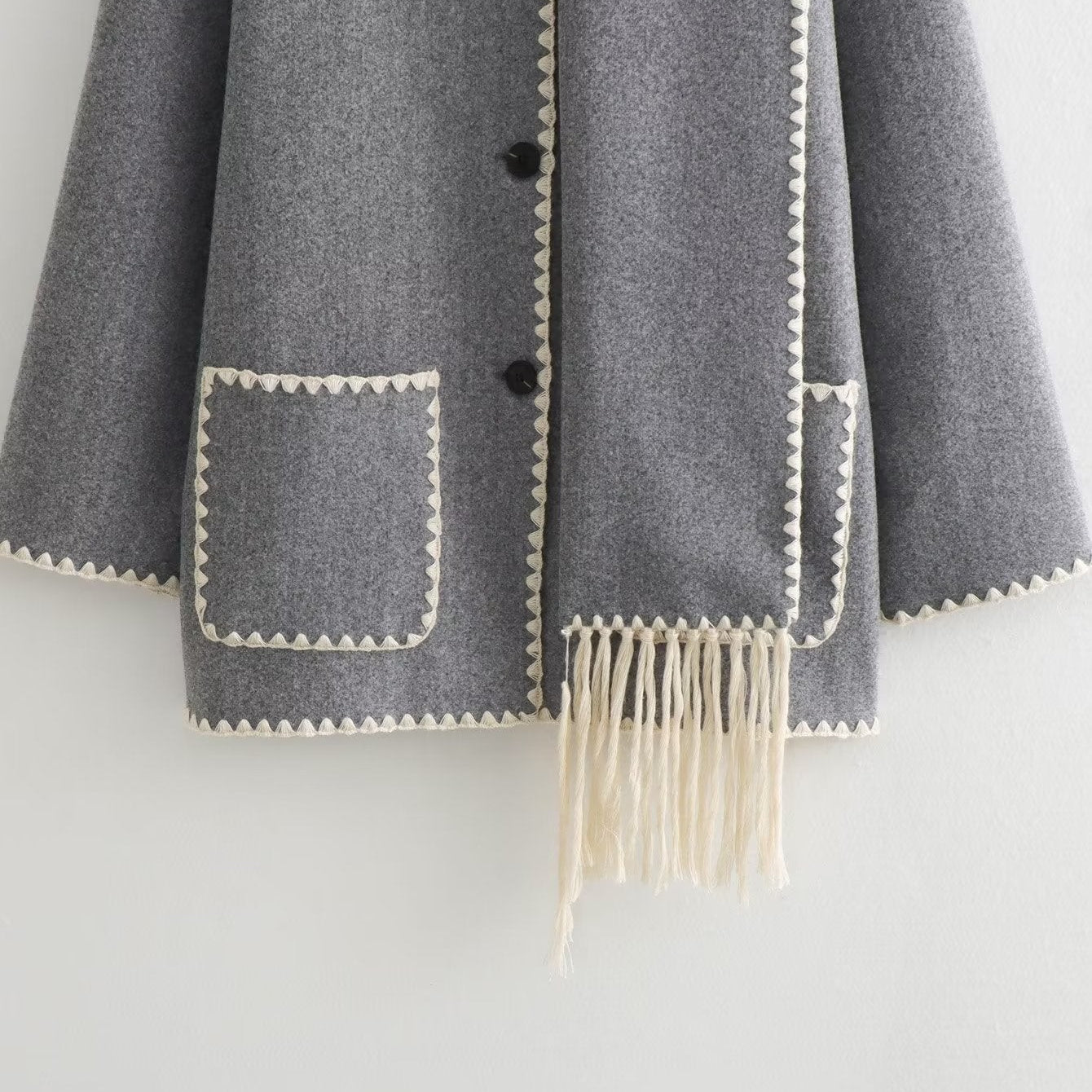 Gray wool coat with white trim and fringe, Vintage Stitching Coat for classic style