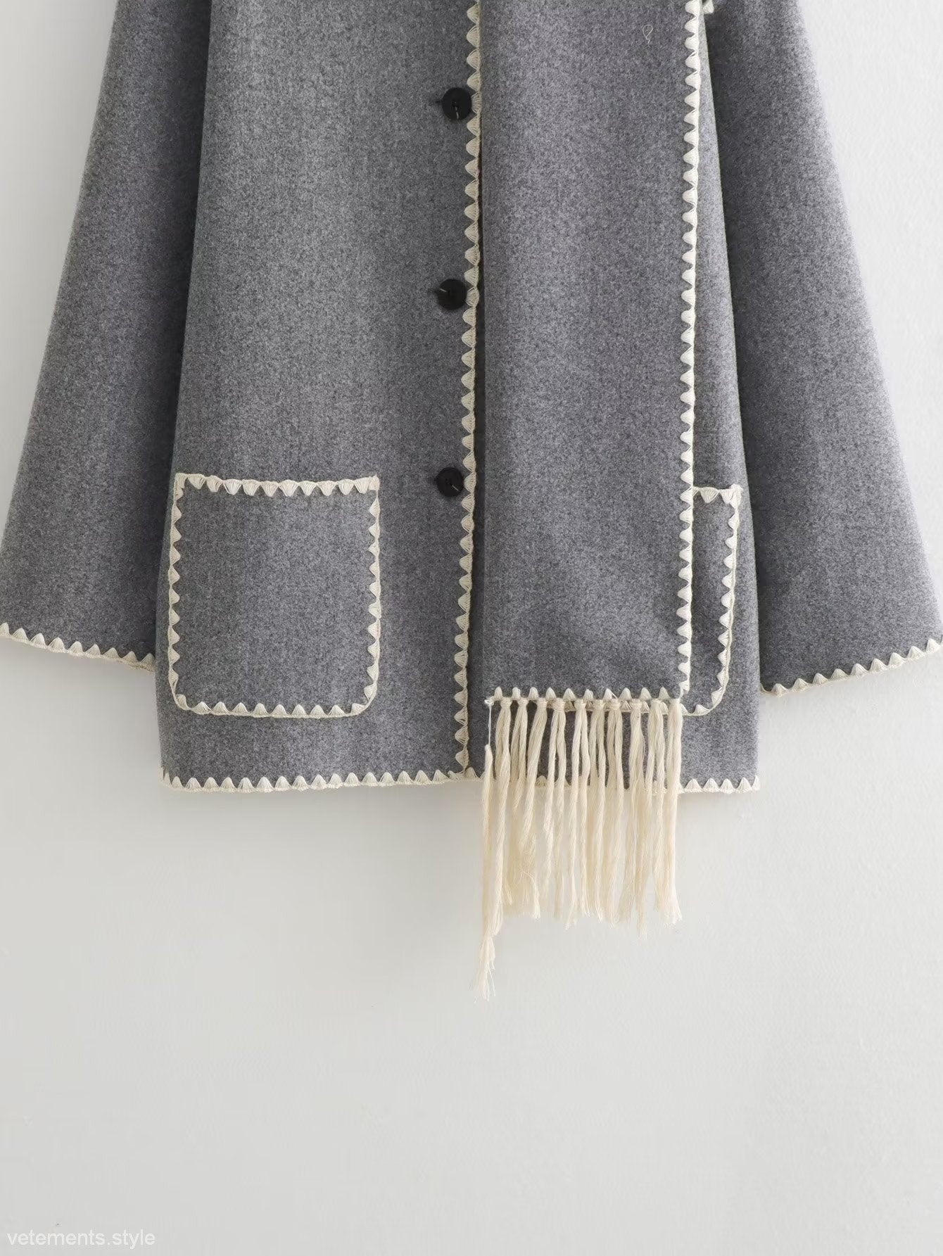 Gray wool coat with white trim and fringe, Vintage Stitching Coat for classic style
